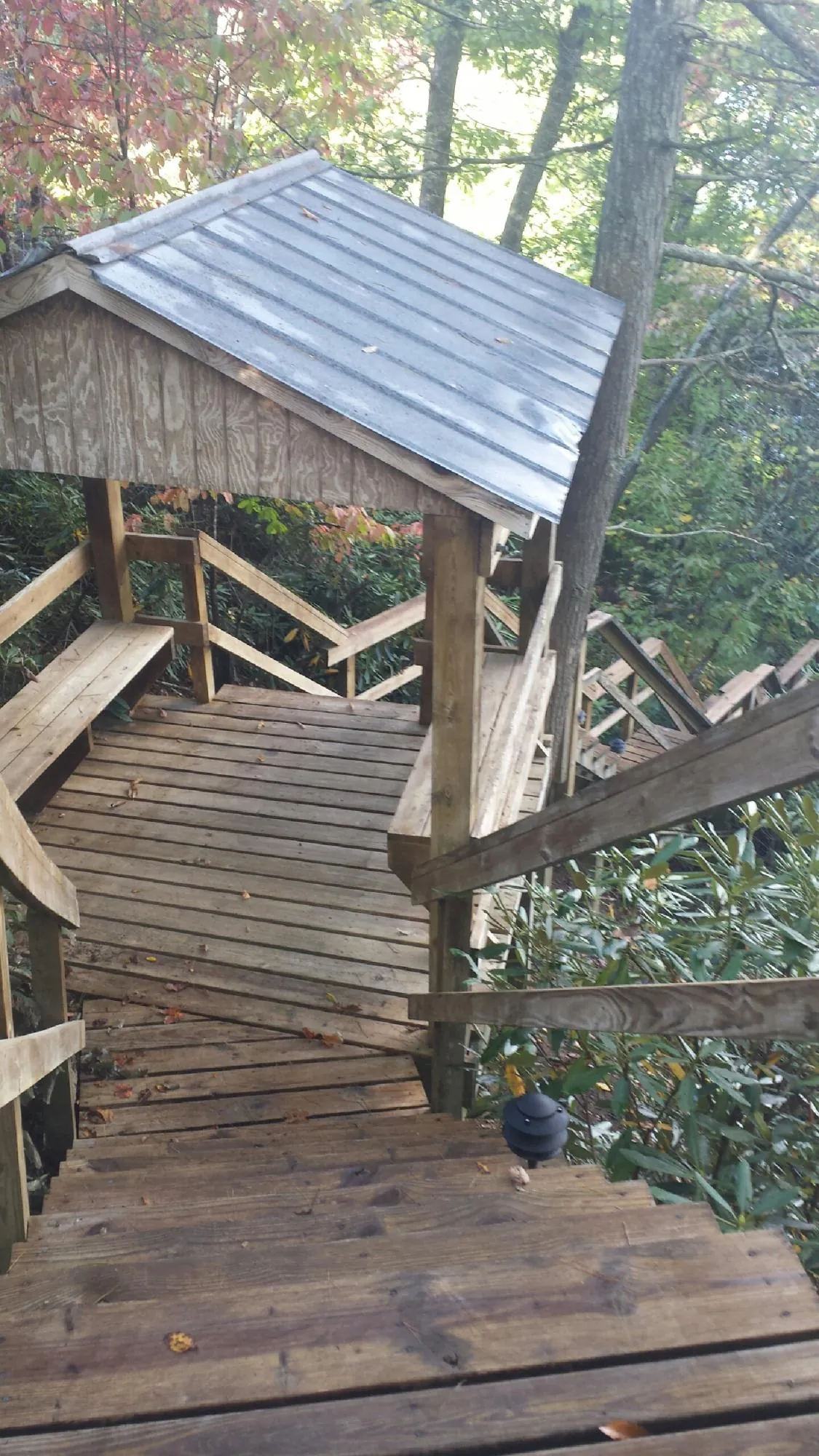 Metal roofed shelter over wooden steps on a wooded walkway — Skylight Repair & Installation work by our crew in Ferrum